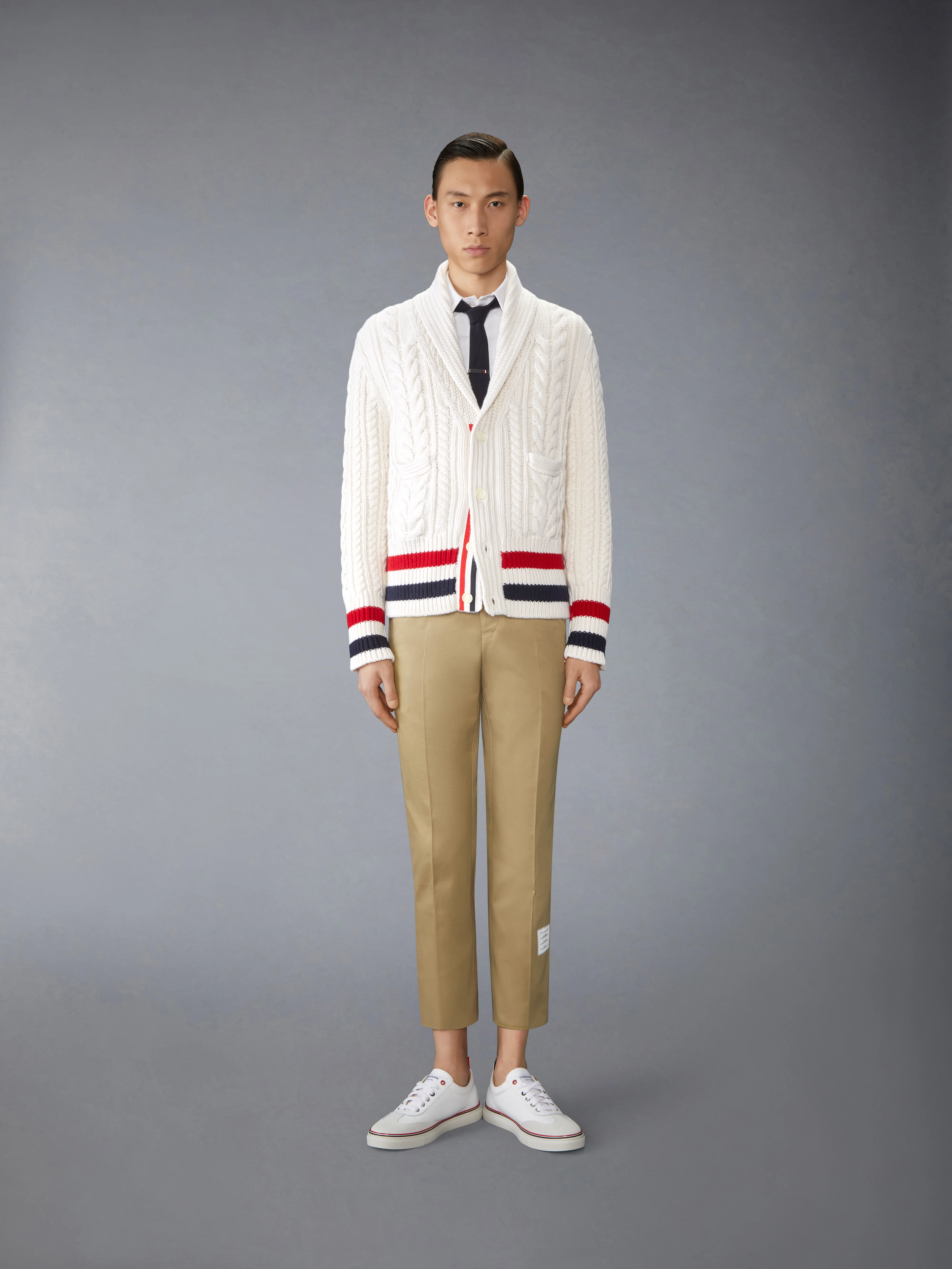ARAN CABLE CASHMERE RWB STRIPE CARDIGAN - Image 2