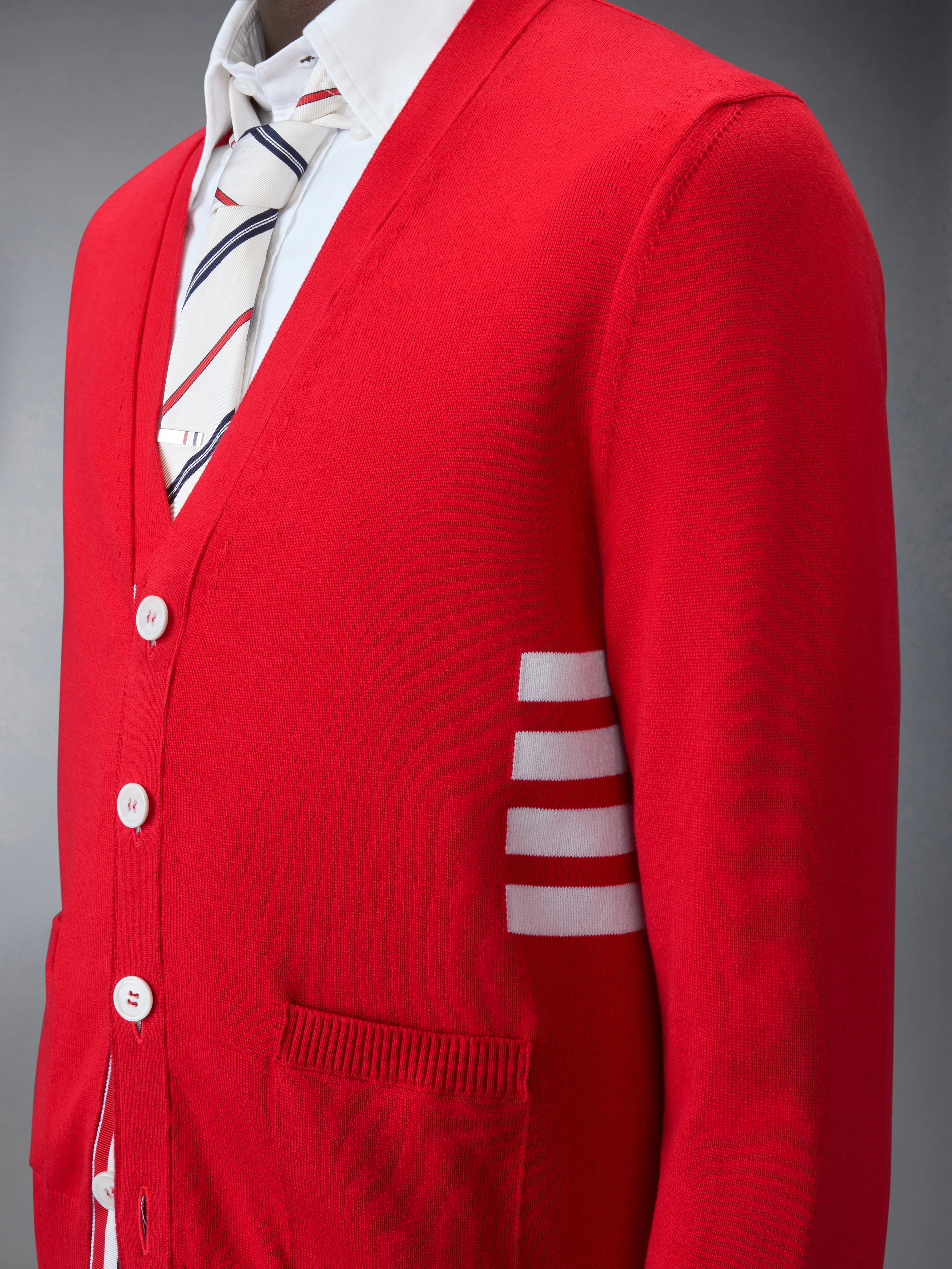 COTTON 4-BAR RELAXED FIT V NECK CARDIGAN - Image 5