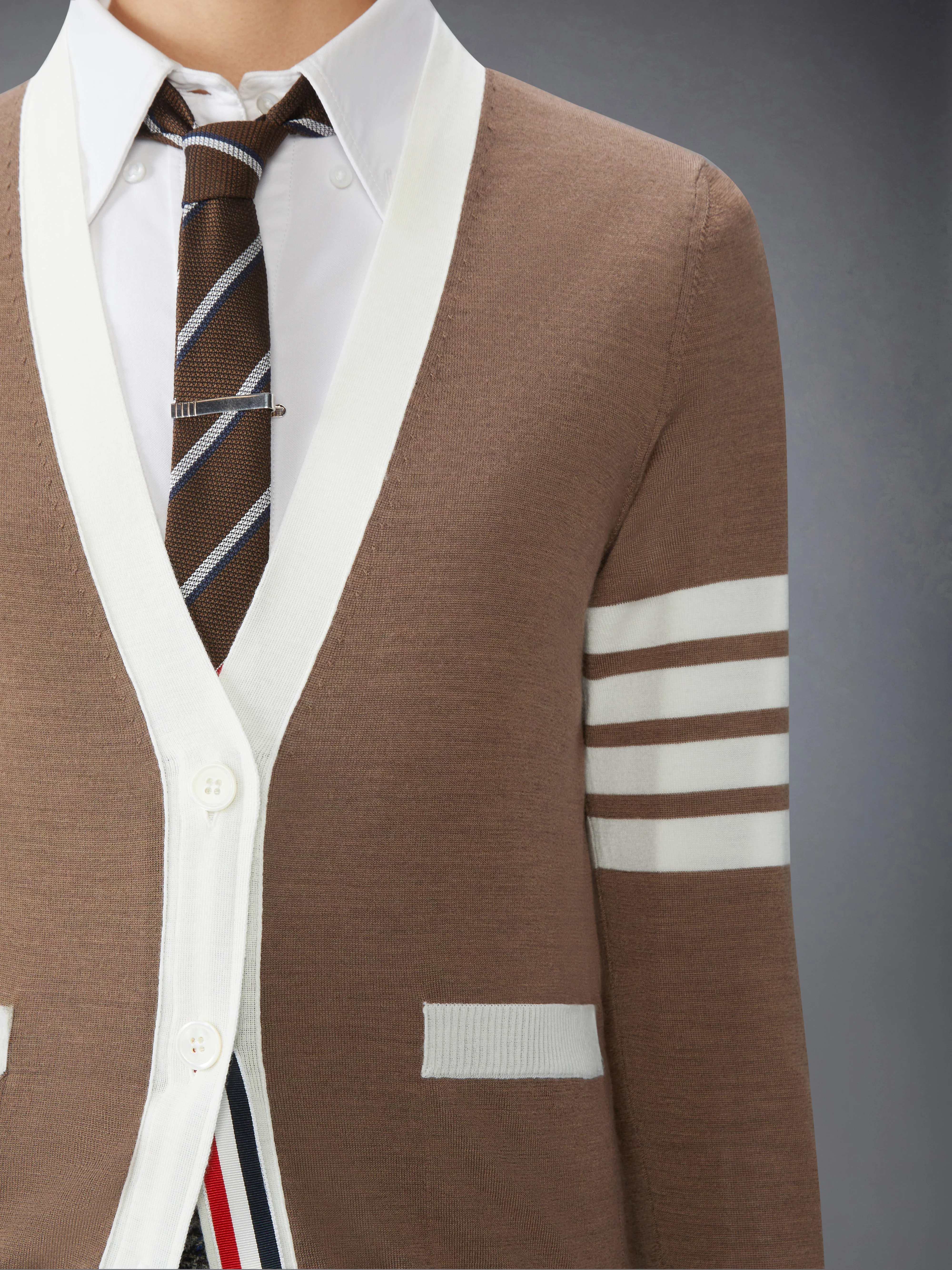 FINE MERINO WOOL 4-BAR V NECK CARDIGAN - Image 6