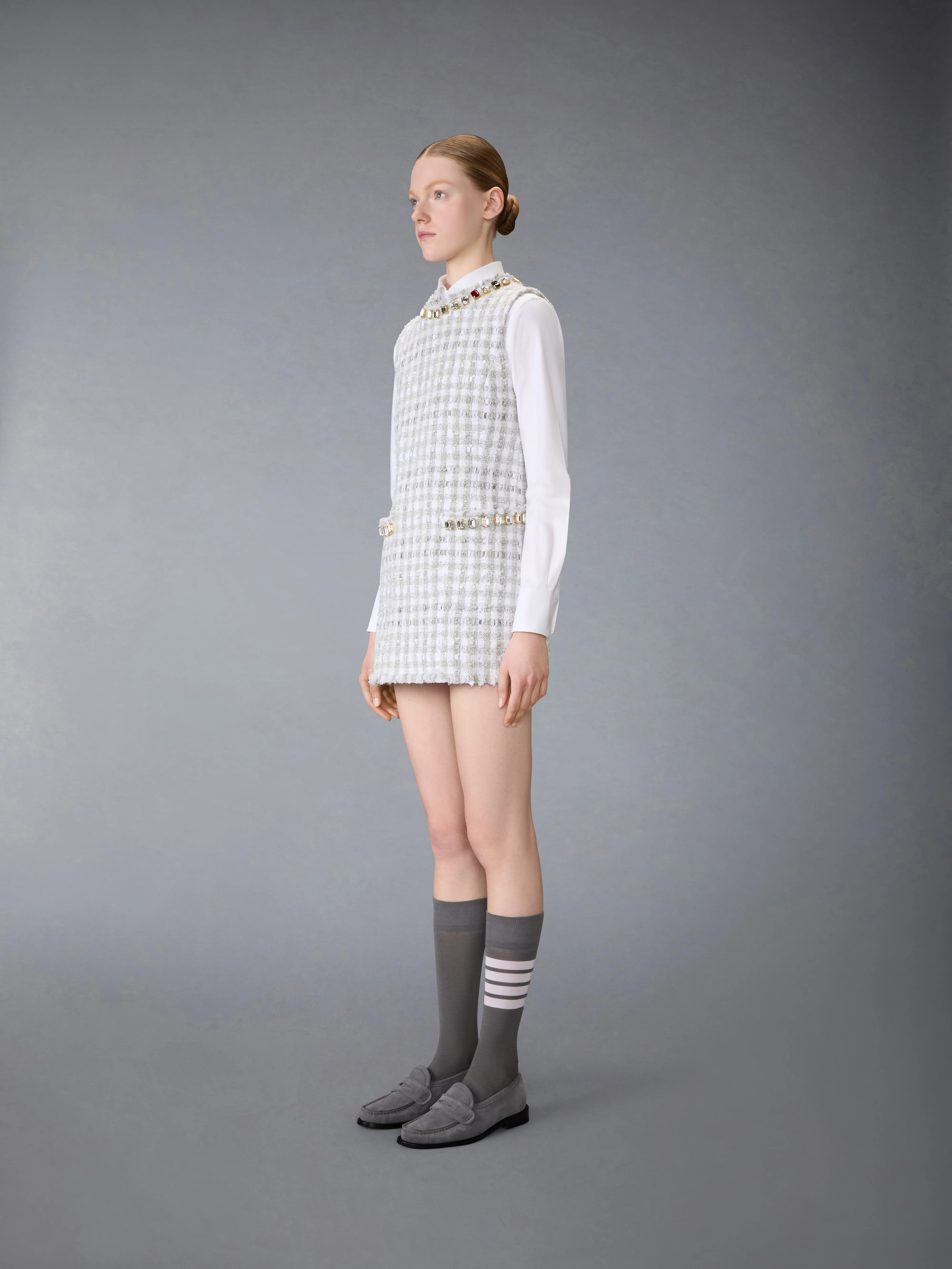 GINGHAM SATIN RIBBON TWEED MINI PENCIL DRESS WITH SWAROVSKI CRYSTAL - Image 2