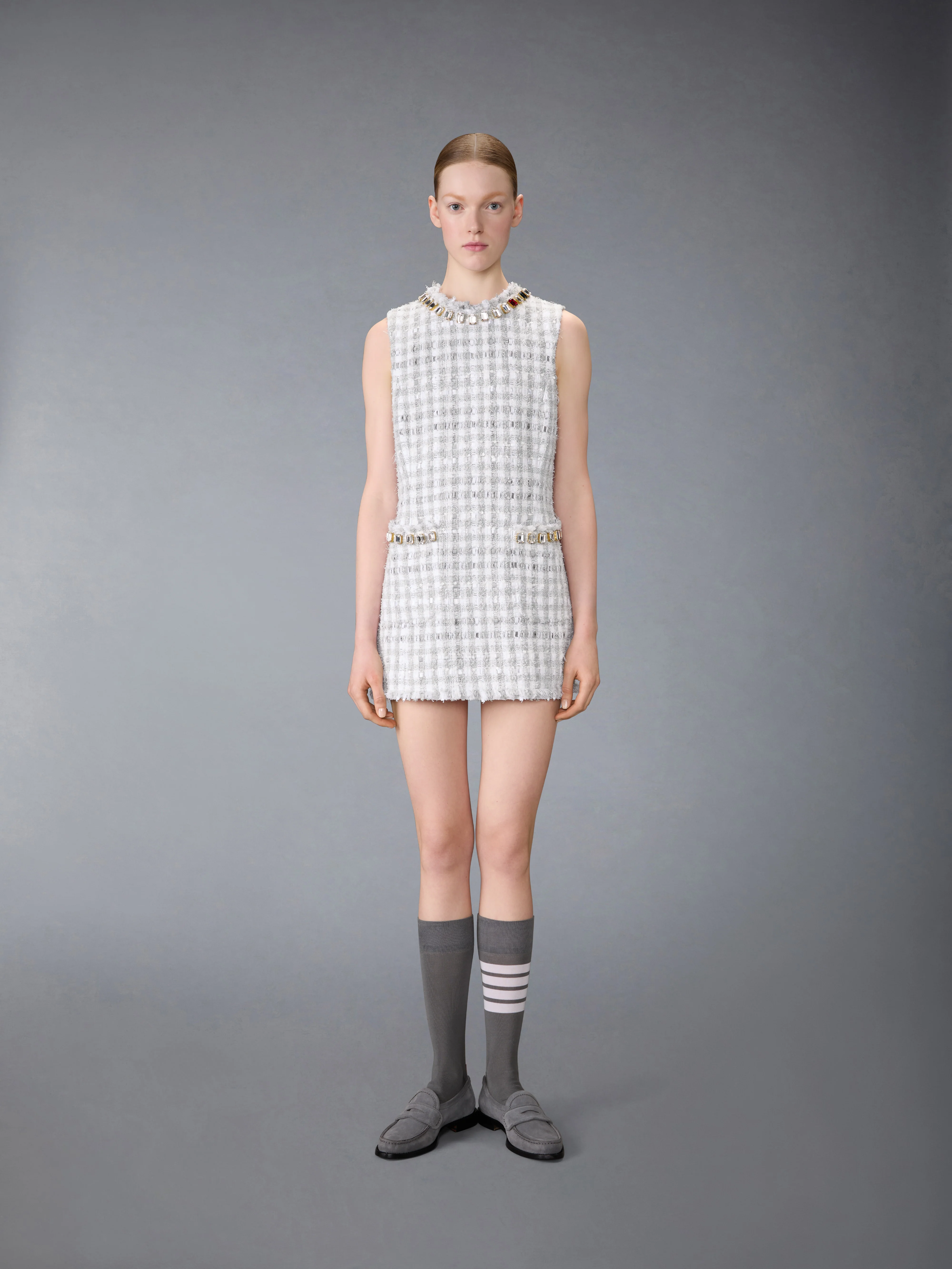 GINGHAM SATIN RIBBON TWEED MINI PENCIL DRESS WITH SWAROVSKI CRYSTAL - Image 3