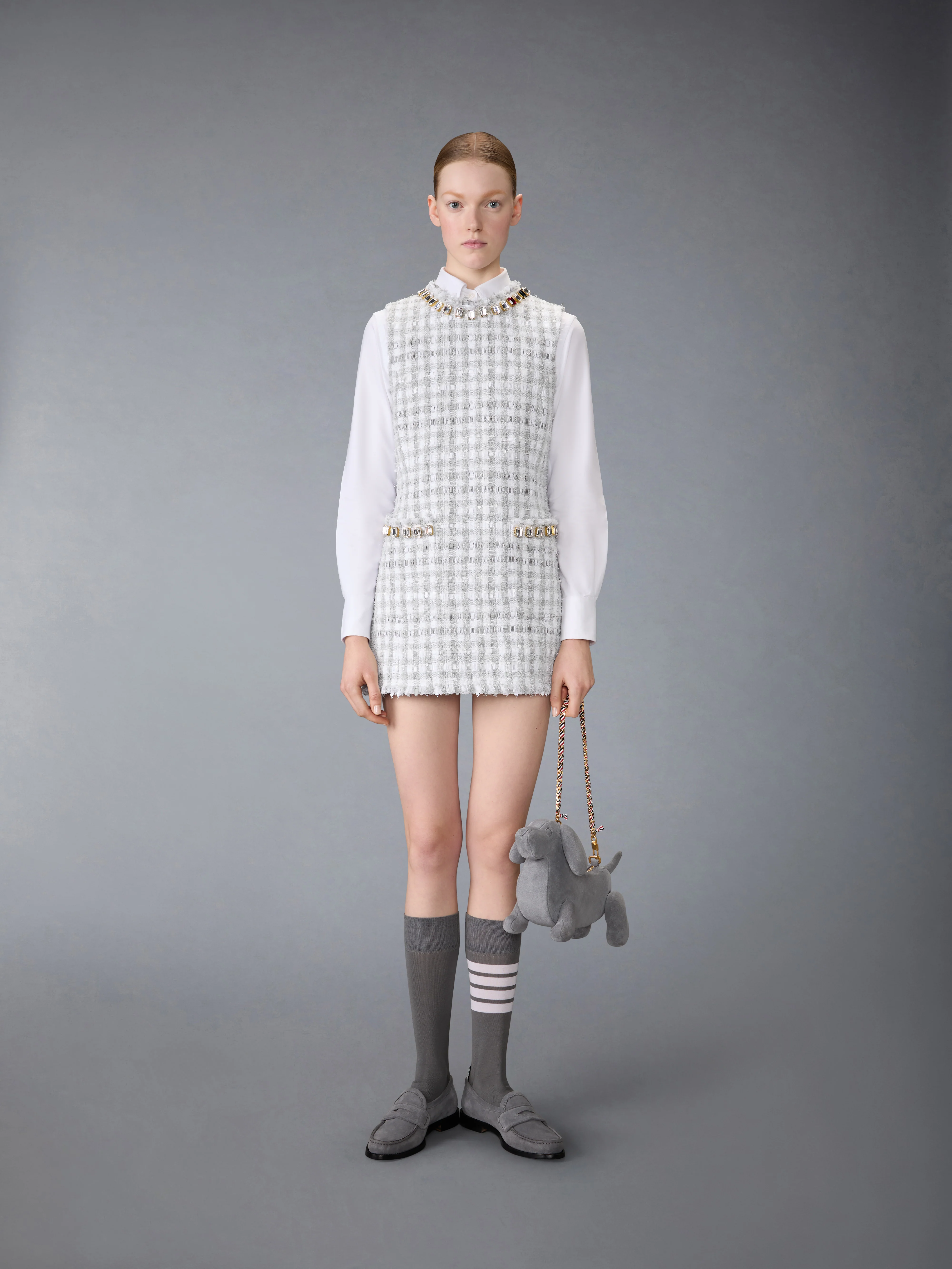 GINGHAM SATIN RIBBON TWEED MINI PENCIL DRESS WITH SWAROVSKI CRYSTAL - Image 4