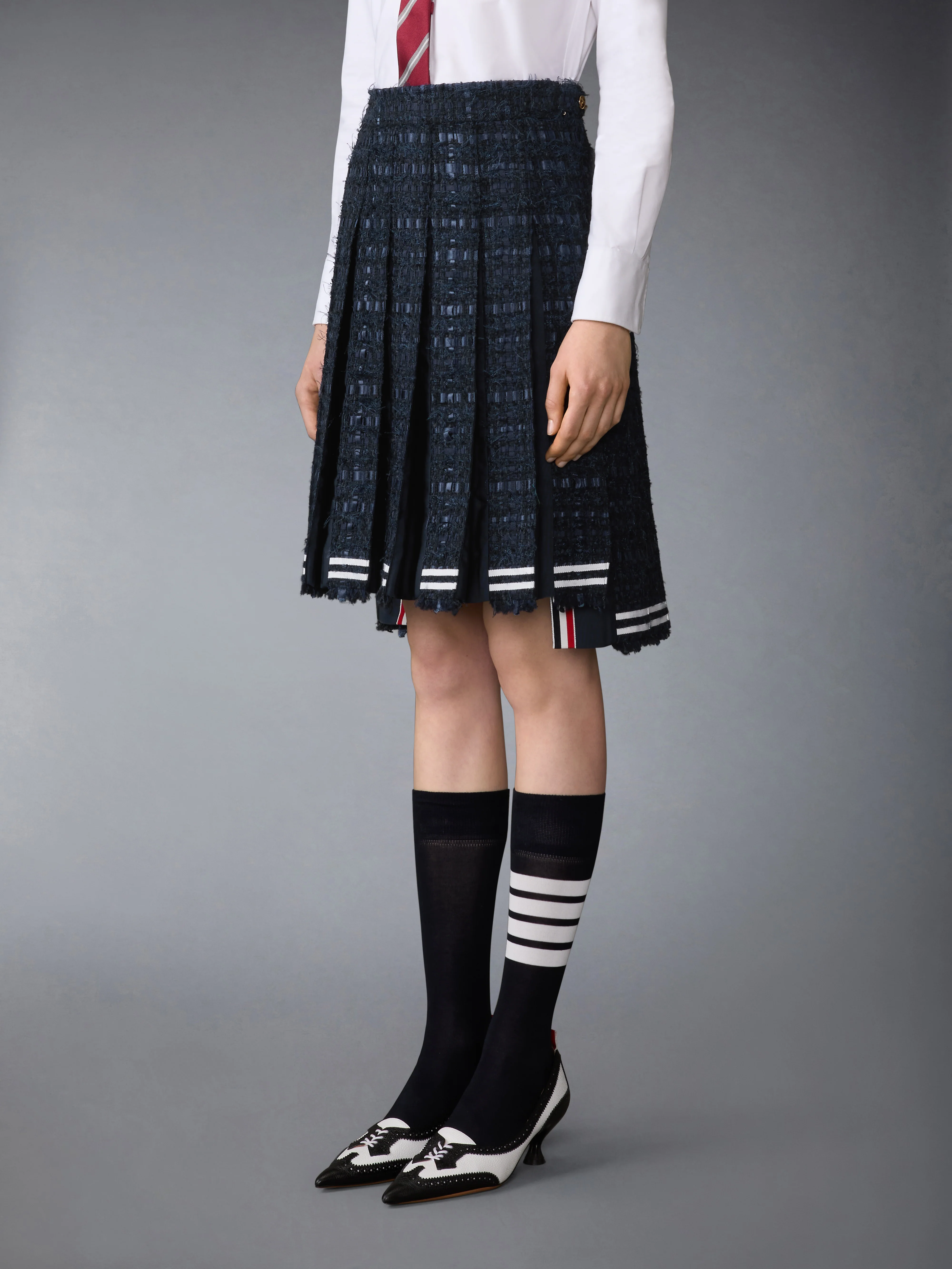 SATIN RIBBON TWEED FRAYED PLEATED SKIRT - Image 2