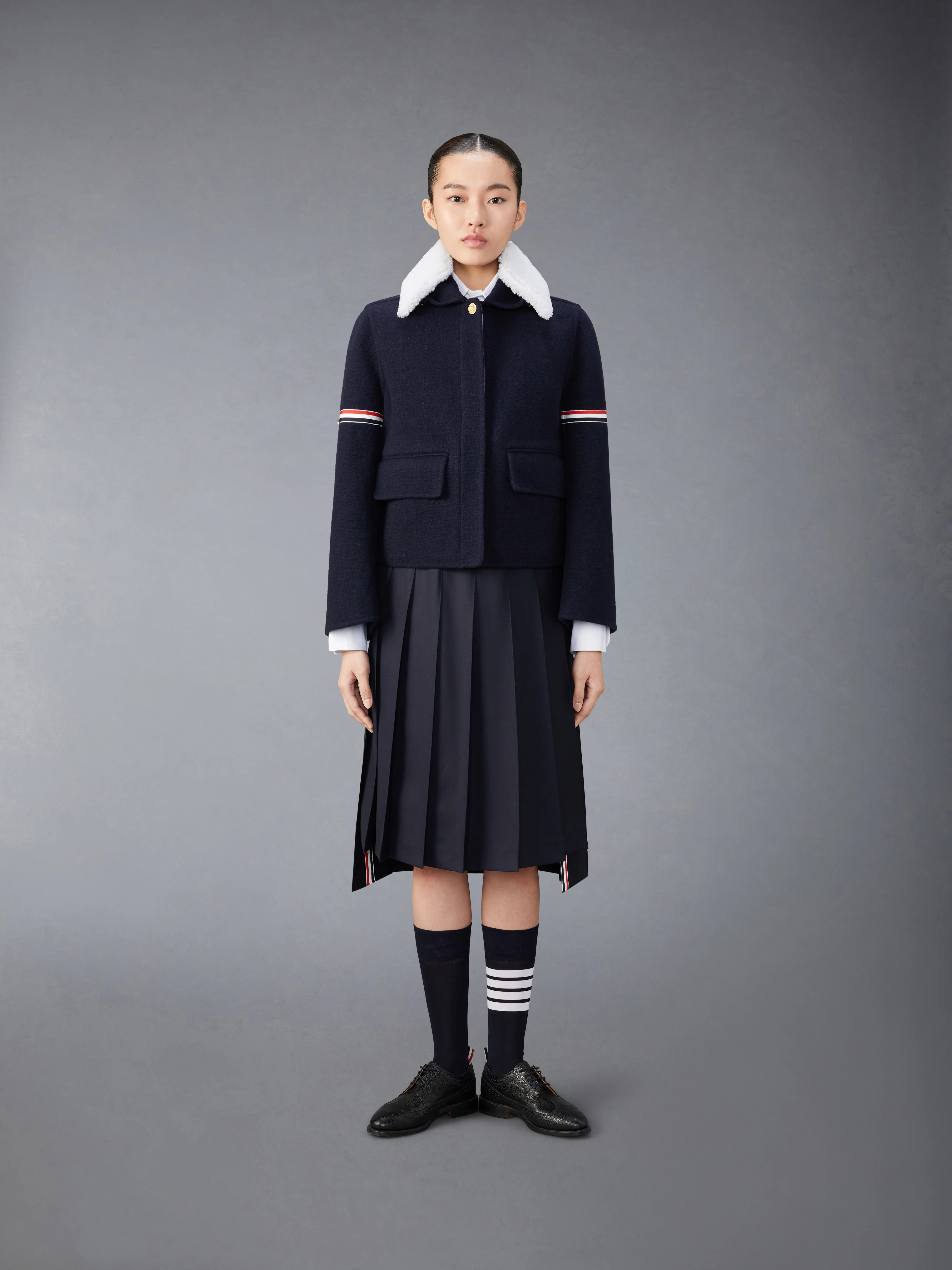 WOOL CASHMERE ARMBAND BELL SLEEVE JACKET WITH SHEARLING COLLAR - Image 5